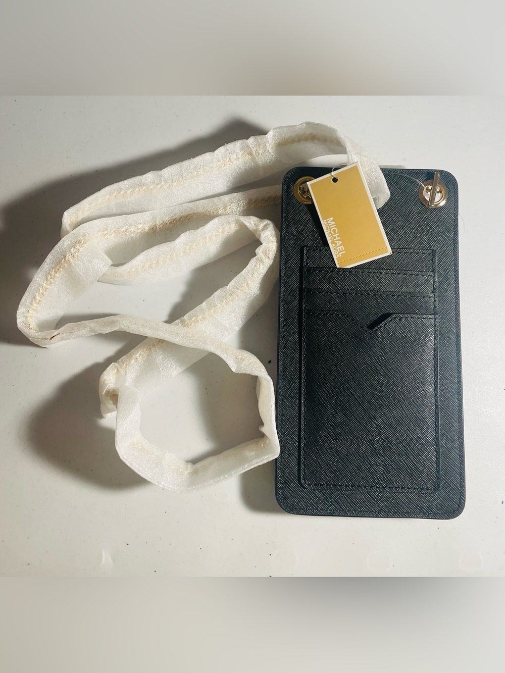 Michael Kors Black Saffiano  Card Holder Crossbody with Gold Hardware